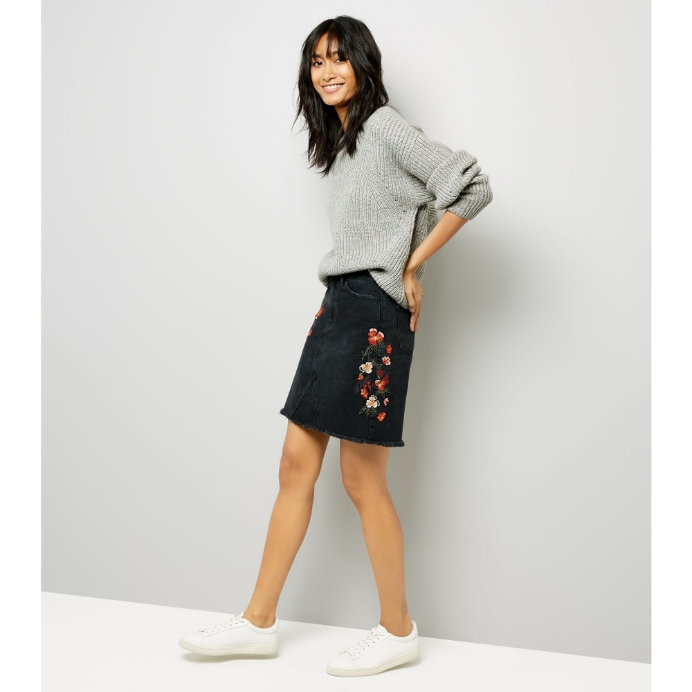 New Look Black Denim Floral Embroidered Skirt